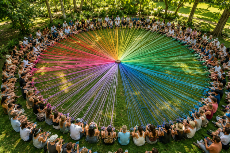 A crowd woven together at a WEAVE screen-free offline club gathering