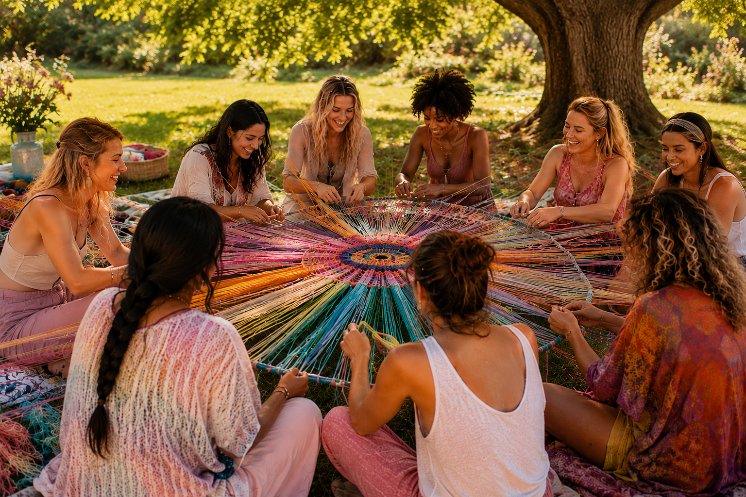 Women of different ages weaving a collaborative thread mandala together at a WEAVE creative team building experience