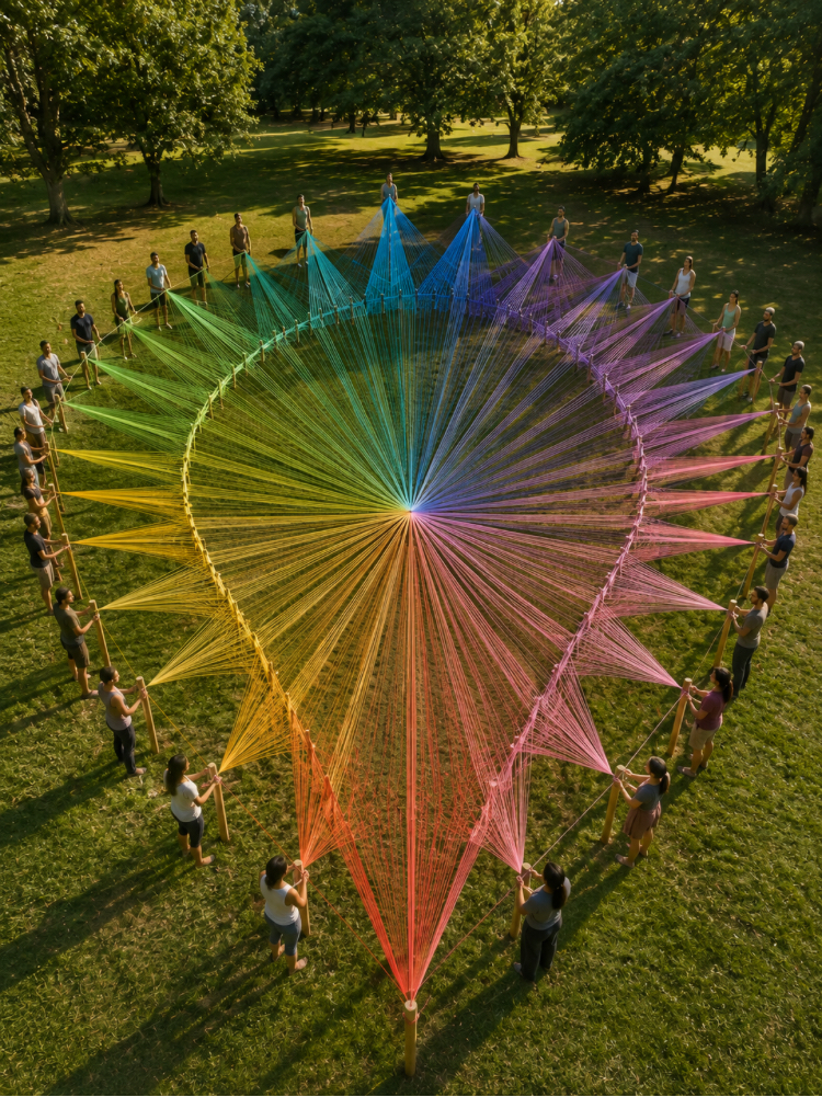 People connecting in real life through a collaborative WEAVE offline social club installation