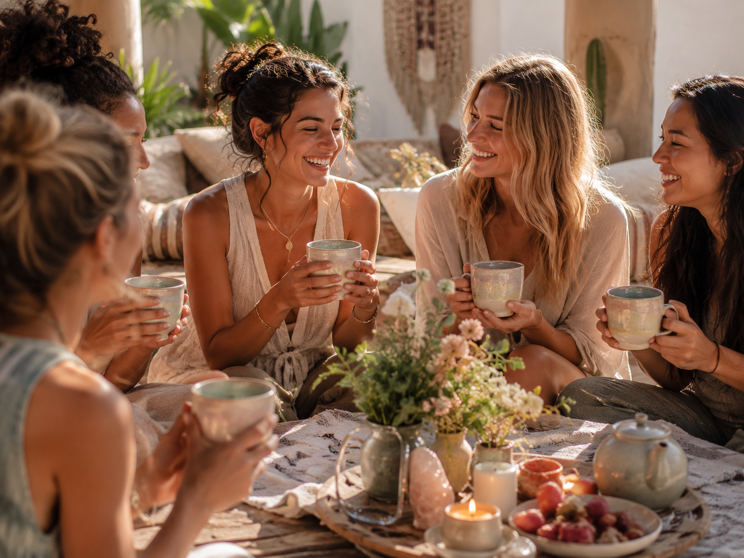 Women talking and laughing over tea at a screen-free WEAVE offline social club gathering