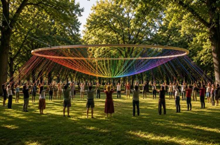A rainbow of threads in a WEAVE collaborative team building installation
