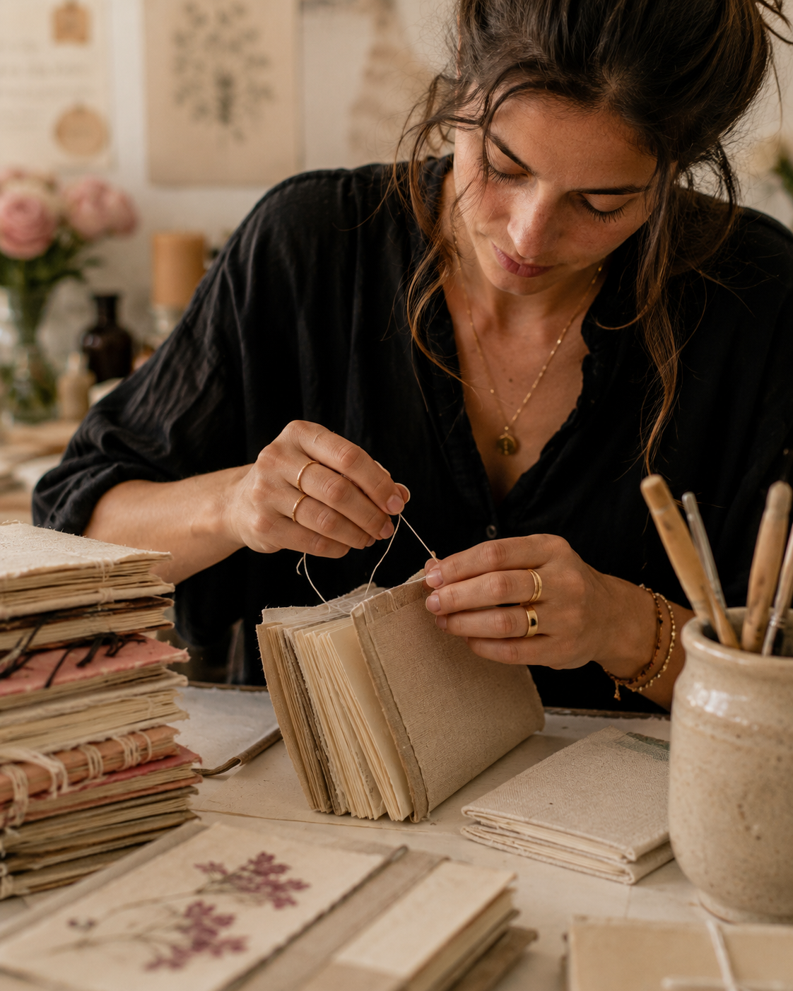 A woman artist handcrafting a book in her studio for the WEAVE women artisan marketplace